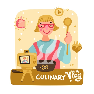 Video blogger background with culinary vlog symbols flat vector illustration