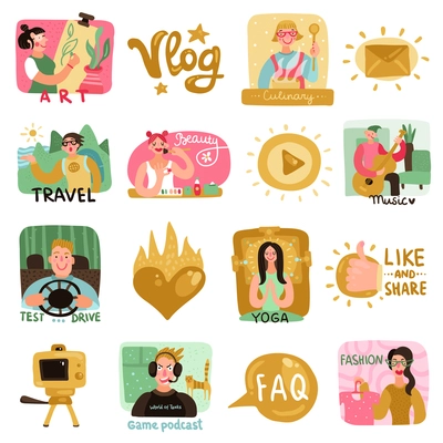 Video bloggers icons set with beauty culinary and travel symbols flat isolated vector illustration