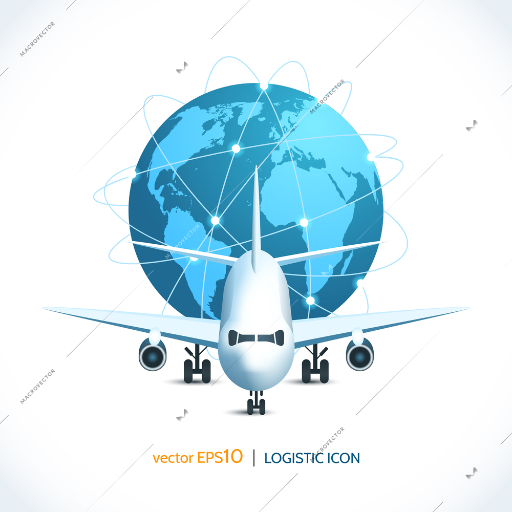 Logistic shipping realistic airplane global network isolated on white vector illustration