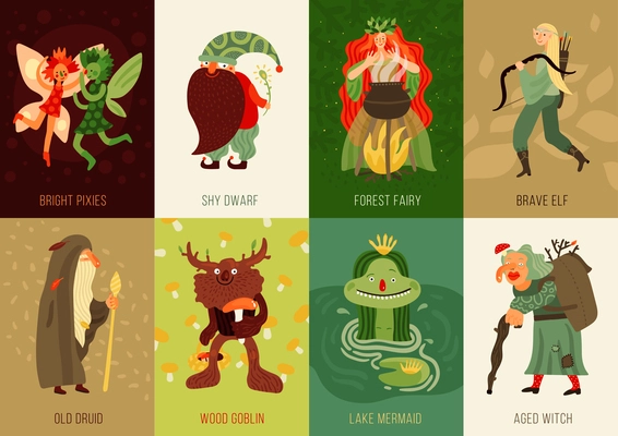 Forest fairy tale characters cards set flat isolated vector illustration