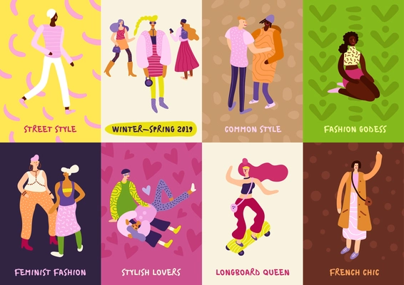 Young people street fashion style cards set flat isolated vector illustration