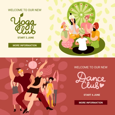 Club party horizontal banners set with dance and yoga club symbols flat isolated vector illustration