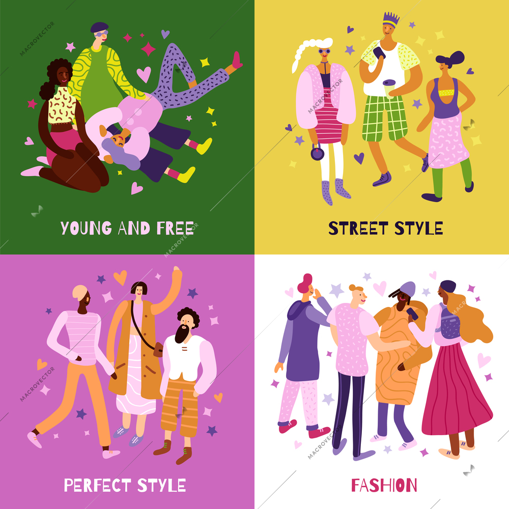 Young people street fashion concept icons set flat isolated vector illustration