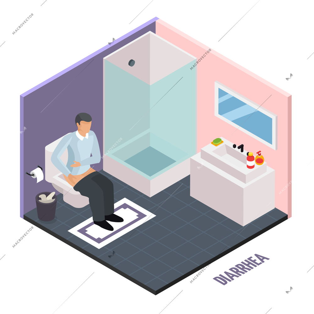 Probiotic isometric composition with human character suffering from diarrhea in toilet water closet room with text vector illustration