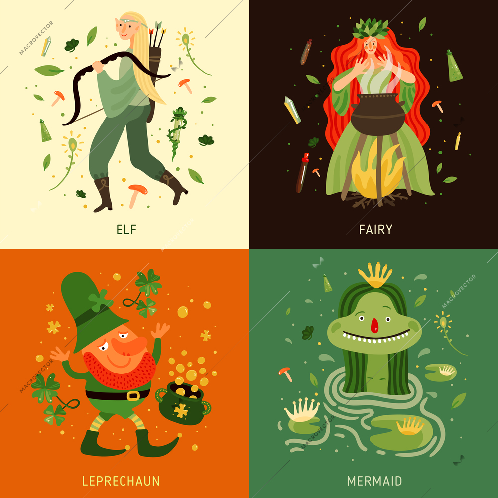 Forest fairy tale characters concept icons set flat isolated vector illustration