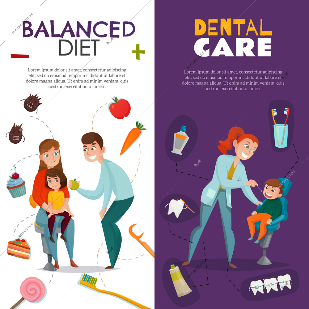 Vertical pediatric dentistry vertical banner set with balanced diet and dental care descriptions vector illustration