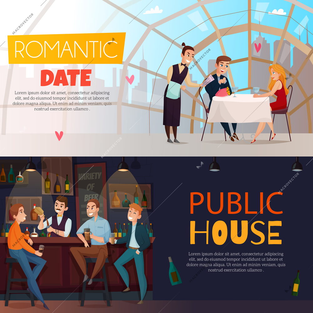 Two horizontal restaurant pub visitors horizontal banner set with romantic date and public house headlines vector illustration