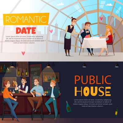 Two horizontal restaurant pub visitors horizontal banner set with romantic date and public house headlines vector illustration