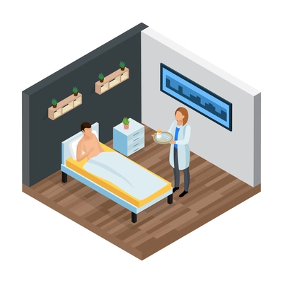 Probiotics isometric composition with view of hospital room patient in bed and doctor with medication pills vector illustration