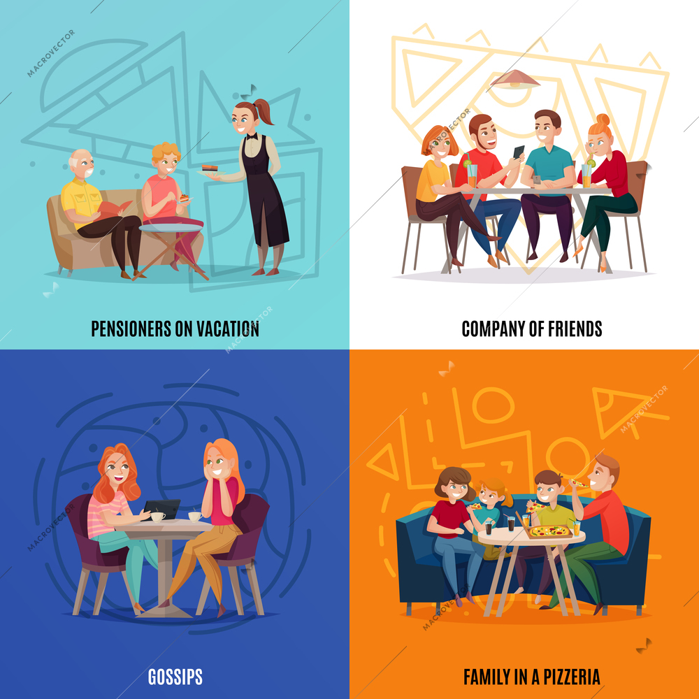 Four squares restaurant pub visitors concept with pensioners on vacations company of friends gossips and family in a pizzeria descriptions vector illustration