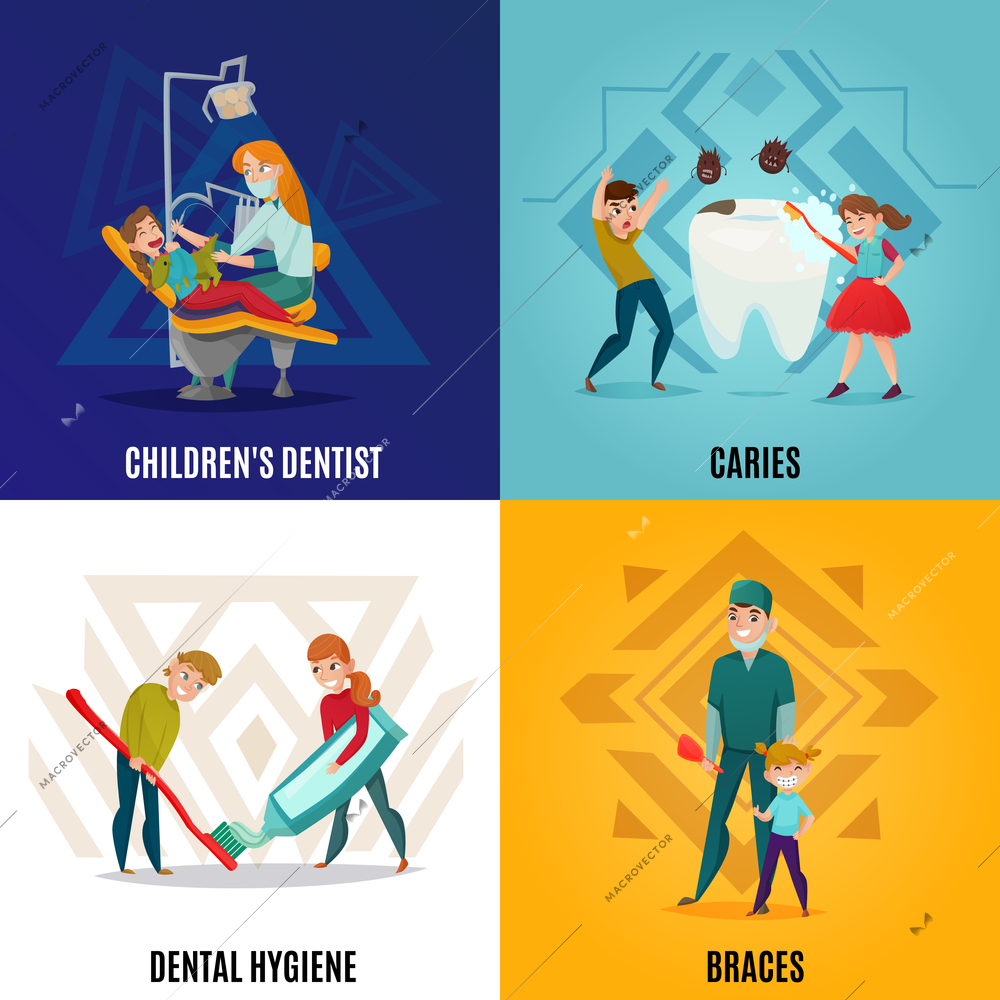 Four squares pediatric dentistry concept set with children s dentist caries dental hygiene and braces descriptions vector illustration