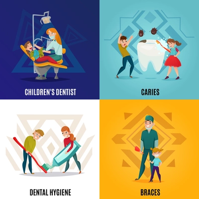 Four squares pediatric dentistry concept set with children s dentist caries dental hygiene and braces descriptions vector illustration