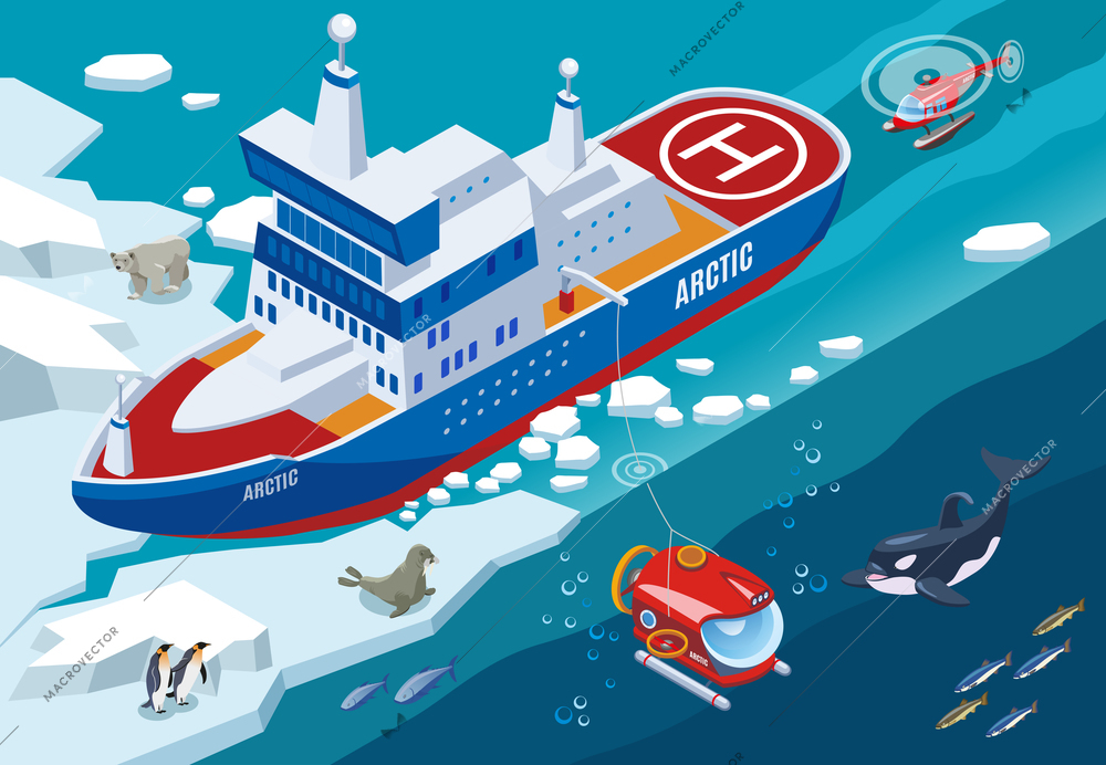 Ice breaker with submarine and helicopter during arctic research, northern sea animals isometric vector illustration