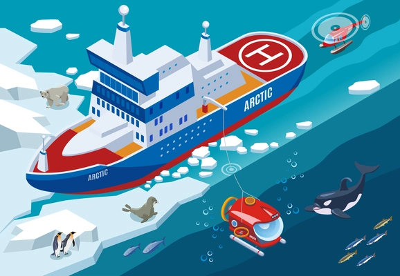 Ice breaker with submarine and helicopter during arctic research, northern sea animals isometric vector illustration