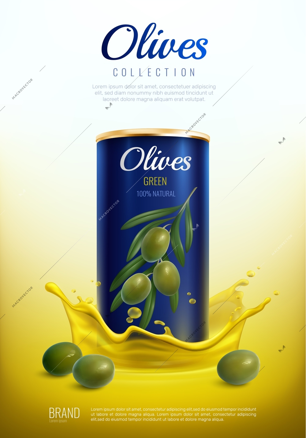 Realistic canned olives, metal packaging in yellow splashes  advertising composition on gradient background vector illustration