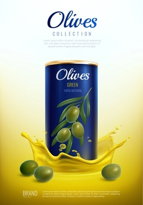 Realistic canned olives, metal packaging in yellow splashes  advertising composition on gradient background vector illustration