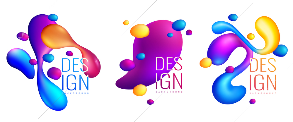 Set of holographic fluids compositions, colorful flowing smooth shapes, abstract design isolated vector illustration