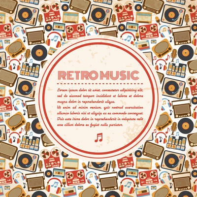 Retro music poster with vintage radio tape recorder old microphone icons vector illustration