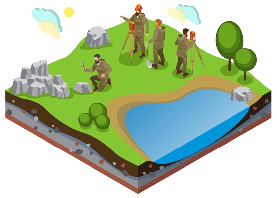 Earth exploration isometric composition with prospecting work on terrain with pond and rock formations vector illustration