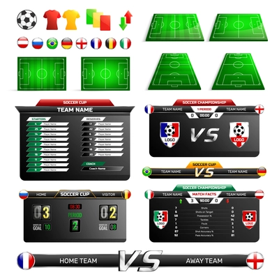 Sport program broadcast elements with soccer fields, uniforms icons, information boards, country flags, logos, isolated vector illustration