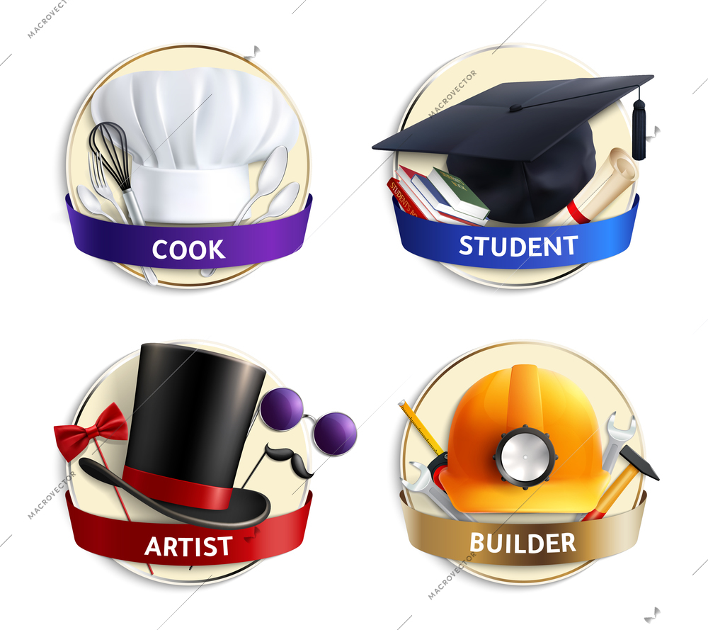 Set of realistic emblems with hats of different professions cook, student, artist and builder isolated vector illustration