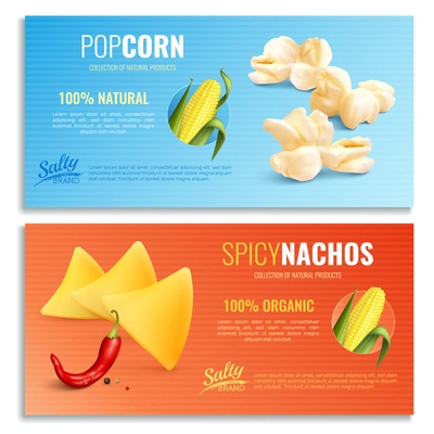 Spicy nachos and fried maize horizontal banners with realistic corn cob, blue orange background, isolated vector illustration