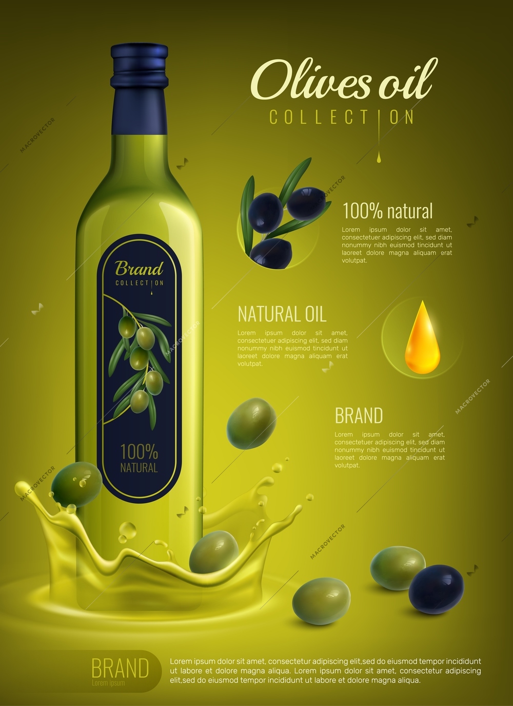 Realistic olive oil in glass bottle with label advertising composition on yellow green background vector illustration