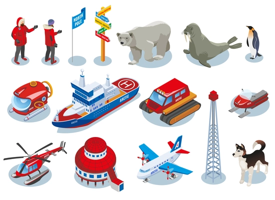 Arctic research isometric icons, scientists, polar station, northern animals, vehicles, ice drilling isolated vector illustration