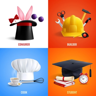 Different professions realistic design concept hats of cook, builder, conjurer, student with work tools isolated vector illustration