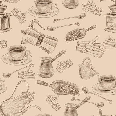 Decorative retro coffee set with grinder beans  sugar seamless background wrapping paper handdrawn design doodle vector illustration