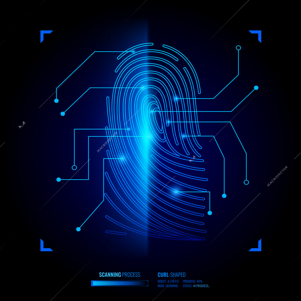 Finger print verification, scanning process of biometric key, recognition system, interface elements on black background vector illustration