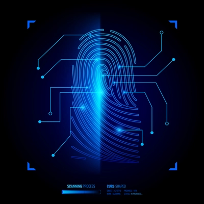 Finger print verification, scanning process of biometric key, recognition system, interface elements on black background vector illustration