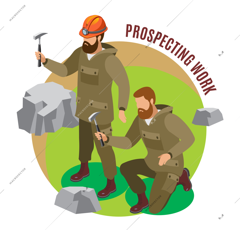 Scientists during prospecting work with rock formations isometric round composition on colored background vector illustration