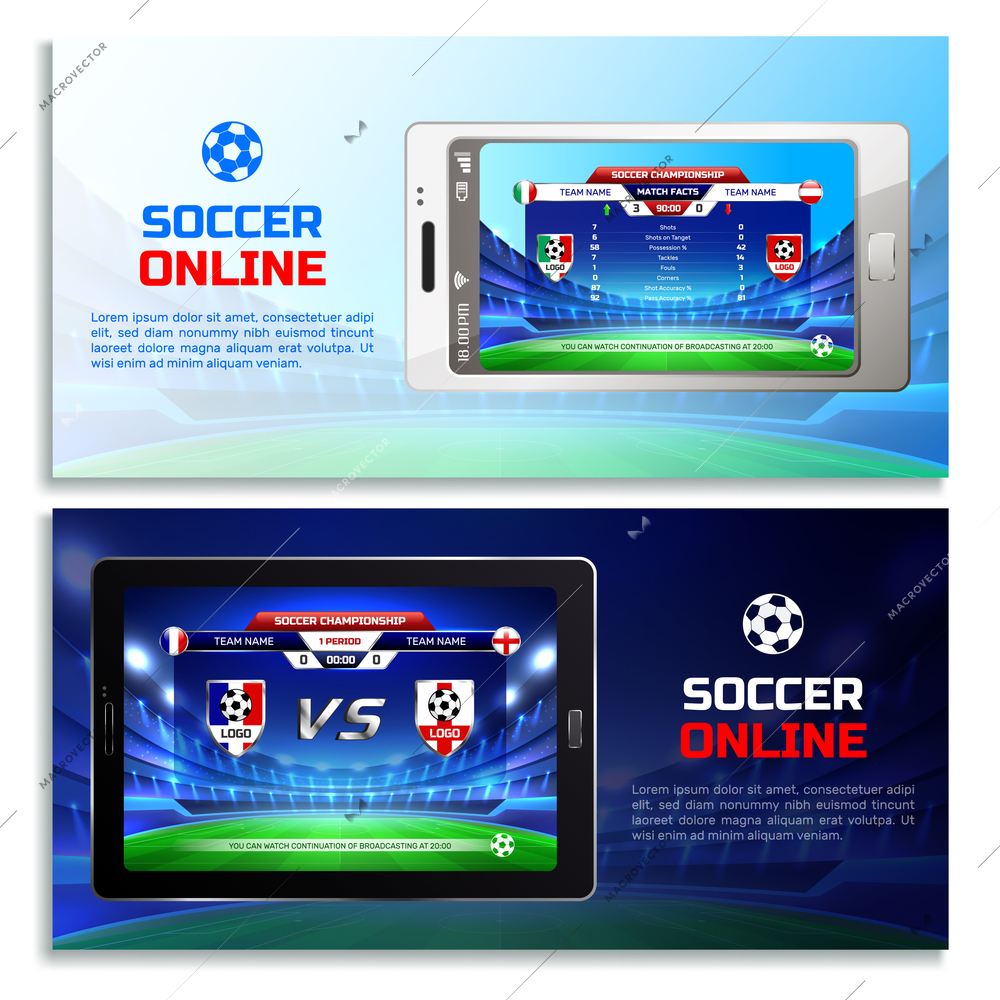 Soccer online broadcast horizontal banners with tournament tables on mobile device screens isolated vector illustration