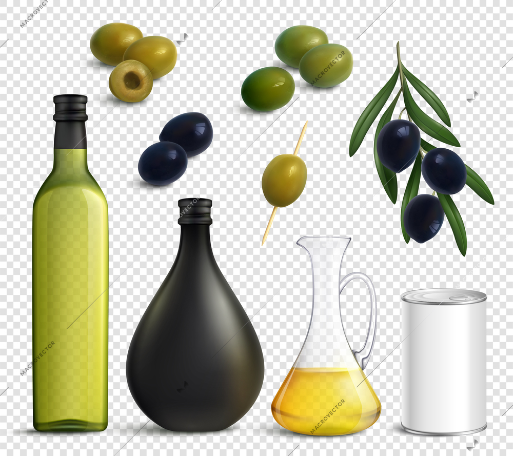 Set of realistic olives and oil in jug, packaging for products isolated on transparent background vector illustration