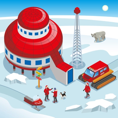 Arctic polar station, scientists with dog, track vehicle, drilling ice equipment on snow background isometric vector illustration