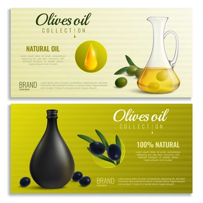 Realistic oil from olives in jug and bottle horizontal banners on textured background isolated vector illustration