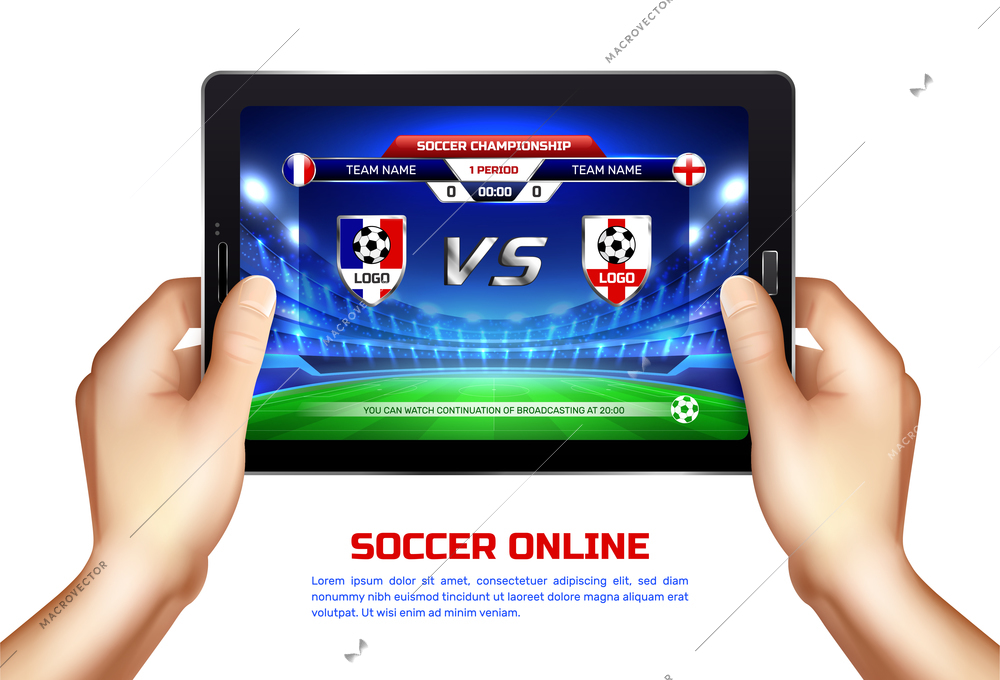 Hands holding mobile device with online broadcast of soccer championship on screen realistic vector illustration