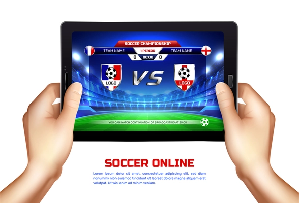 Hands holding mobile device with online broadcast of soccer championship on screen realistic vector illustration