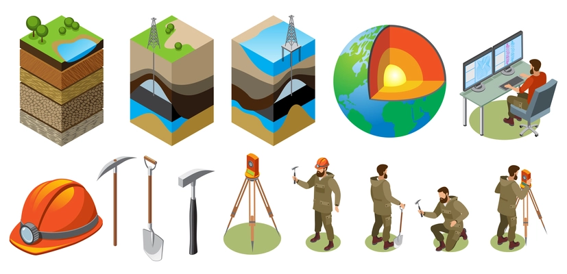Earth exploration isometric icons, structure of globe, soil layers, scientific laboratory, geological tools, isolated vector illustration