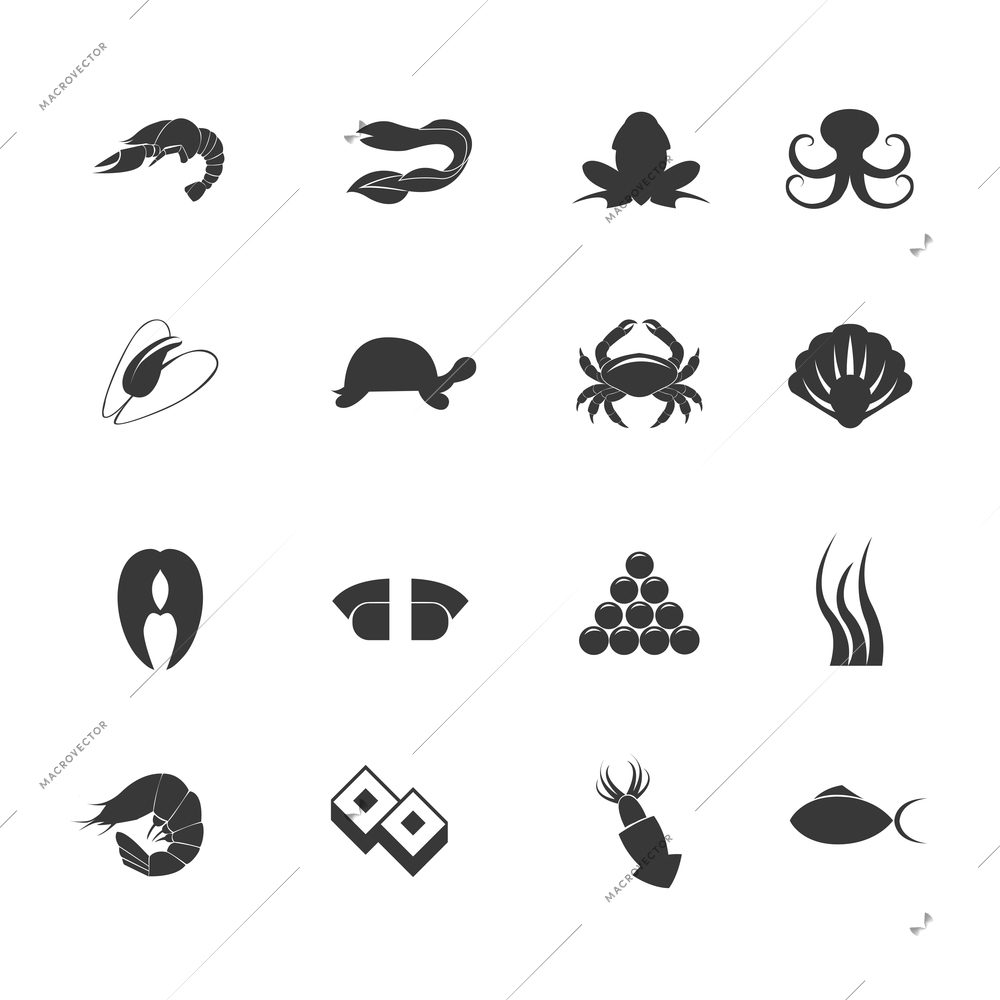 Seafood cuisine menu salmon fish and shellfish dishes elements symbols graphic icons set abstract isolated vector illustration
