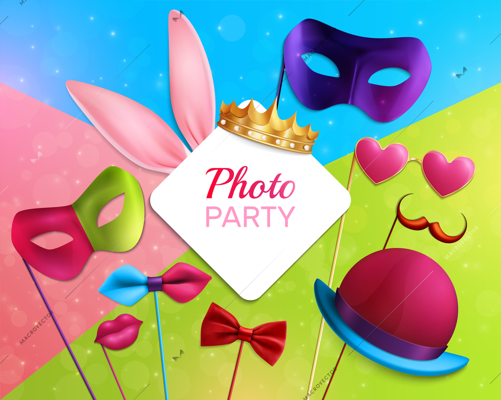 Photo booth party 3d composition with white rhombic frame, carnival elements on colorful sparkling background vector illustration