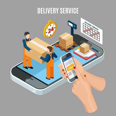 Logistics online delivery service concept with workers loading boxes 3d isometric vector illustration