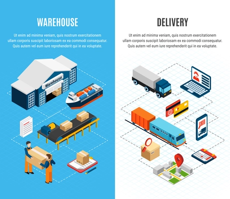 Logistics isometric horizontal banners with warehouse and delivery service on colorful background 3d isolated vector illustration