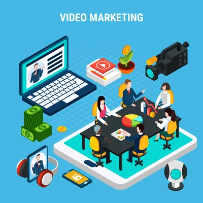 Photo video isometric composition with conceptual images of marketing team meeting on top of tablet screen vector illustration