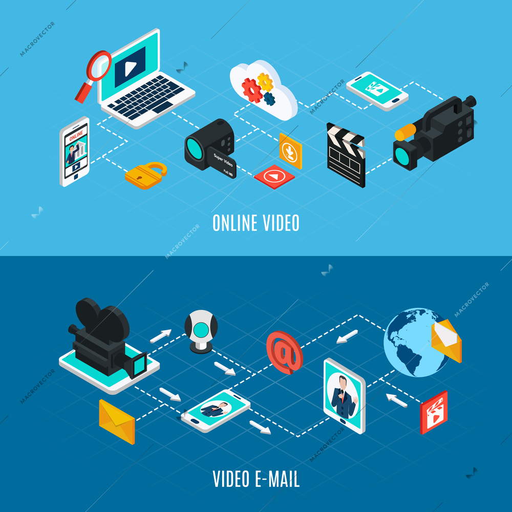 Photo video isometric horizontal banners set with flowchart compositions of isolated professional video equipment and gadgets vector illustration