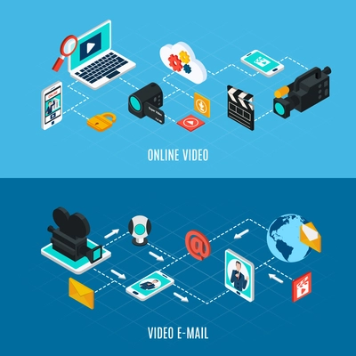 Photo video isometric horizontal banners set with flowchart compositions of isolated professional video equipment and gadgets vector illustration