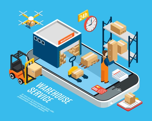 Logistics concept with warehouse delivery service on blue background 3d isometric vector illustration