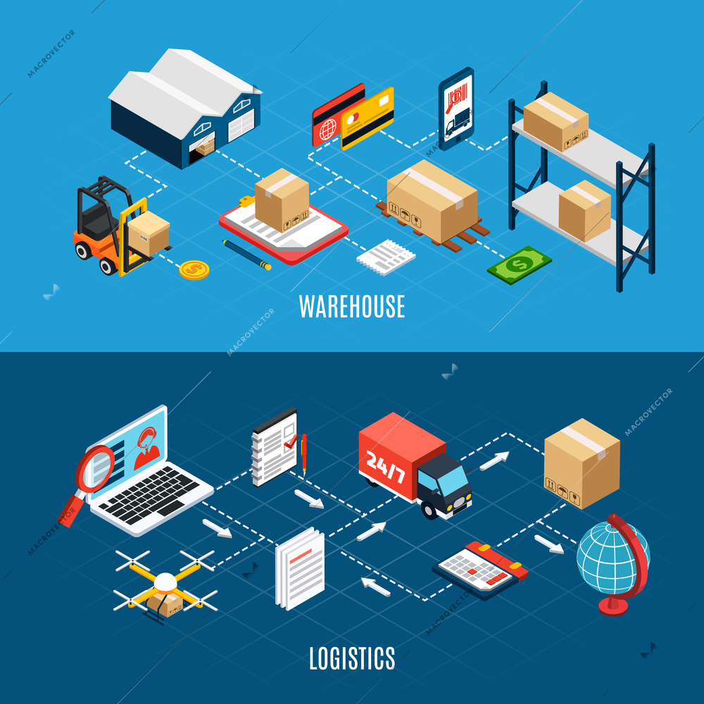 Isometric horizontal banners set with logistics trucks and delivery service 3d isolated vector illustration