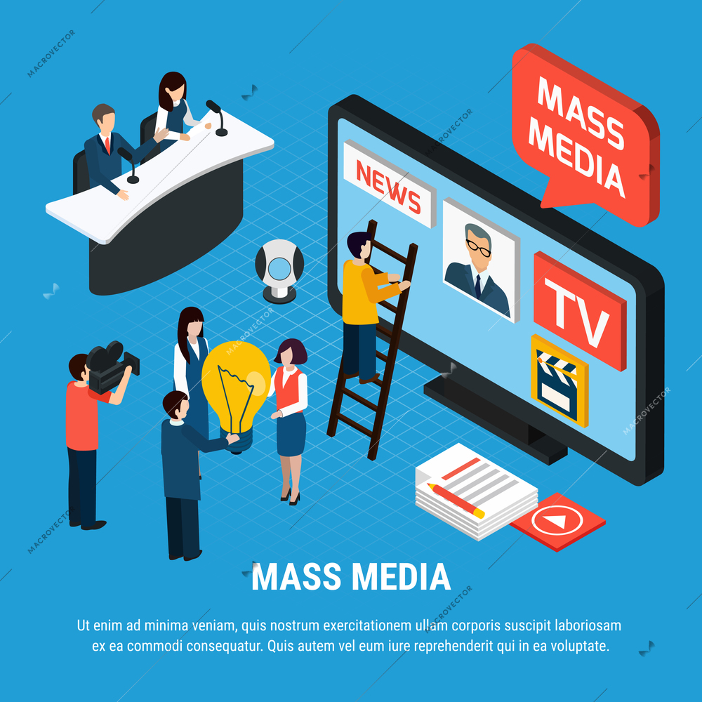 Photo video isometric background composition with mass media news reporters and journalist characters with editable text vector illustration